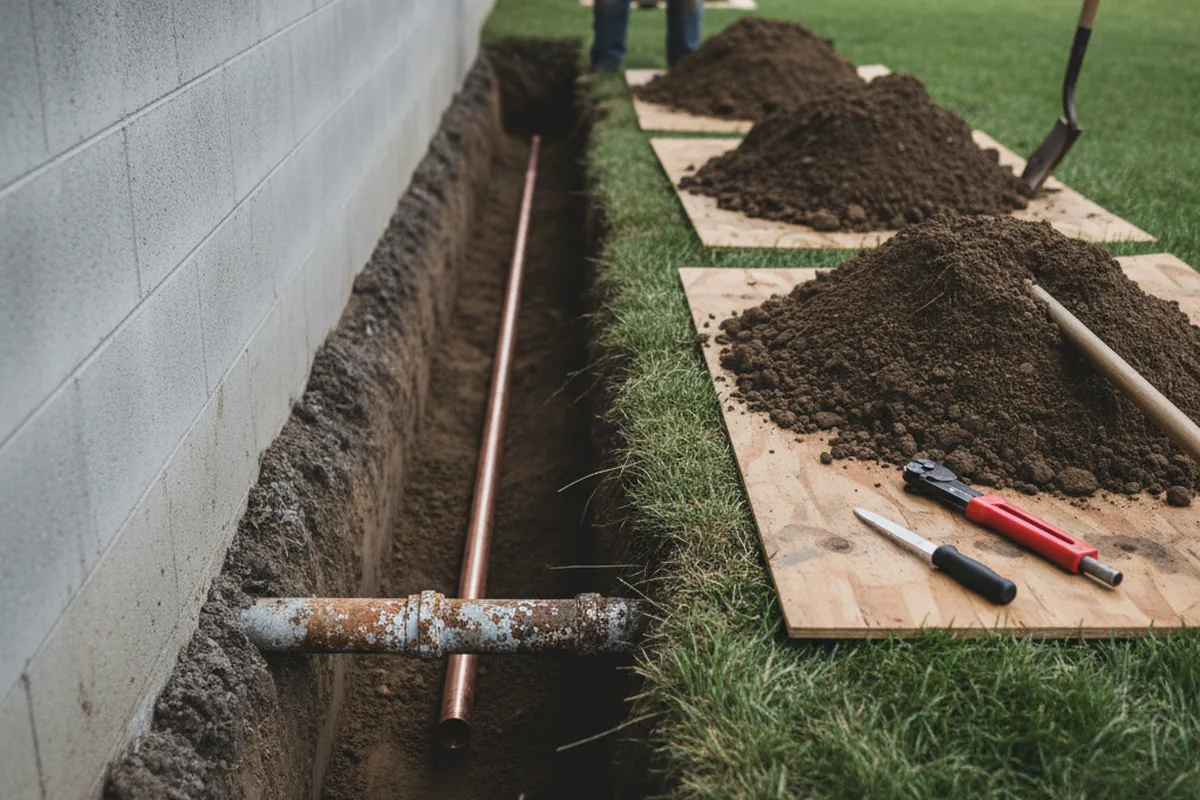 Excavated water line trench during Sewer Line Repair in Pine Ridge